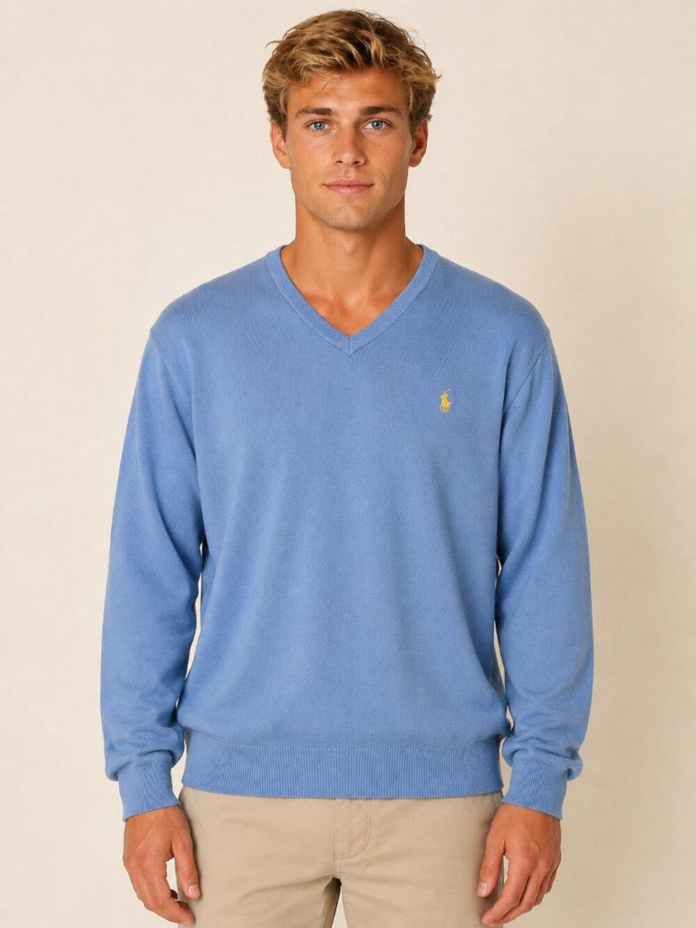 Polo Ralph Lauren Blue 100% Pima Cotton V-Neck Sweater Yellow Logo Men's XXL